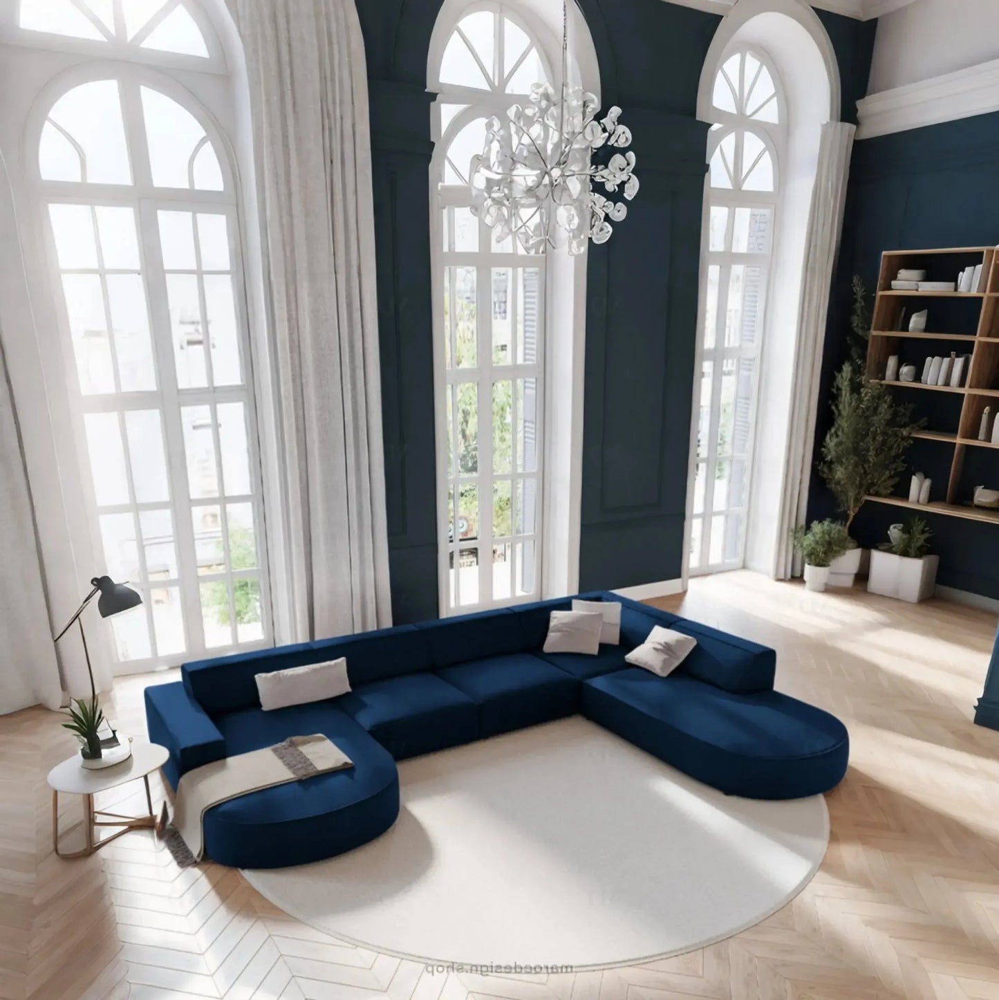 JODIE -7- places _ Bleu Royal Canapé-modulaire, Salon Séjour-canapé, fauteil, Pouf, Meridienne-Maroc Design-Beige-Droite-Maroc Design