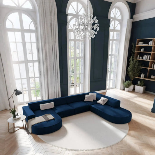 JODIE -7- places _ Bleu Royal Canapé-modulaire, Salon Séjour-canapé, fauteil, Pouf, Meridienne-Maroc Design-Beige-Droite-Maroc Design