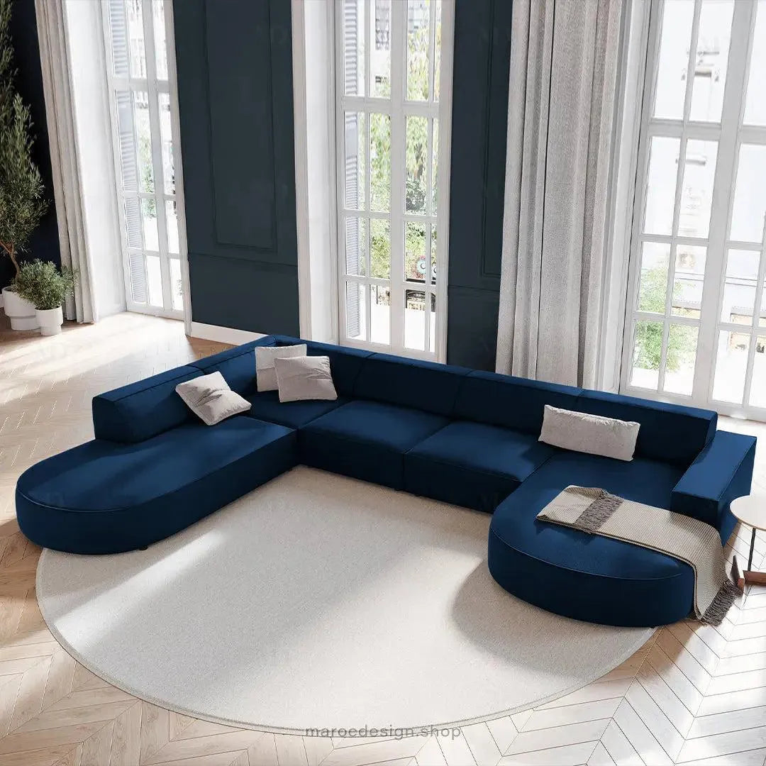 JODIE -7- places _ Bleu Royal Canapé-modulaire, Salon Séjour-canapé, fauteil, Pouf, Meridienne-Maroc Design-Beige-Gauche-Maroc Design