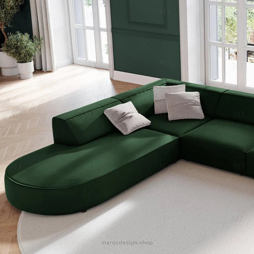 JODIE Canapé 7 Places Modulaire Vert Bouteille-canapé, fauteil, Pouf, Meridienne-Maroc Design-Vert Bouteille-Droite-Maroc Design