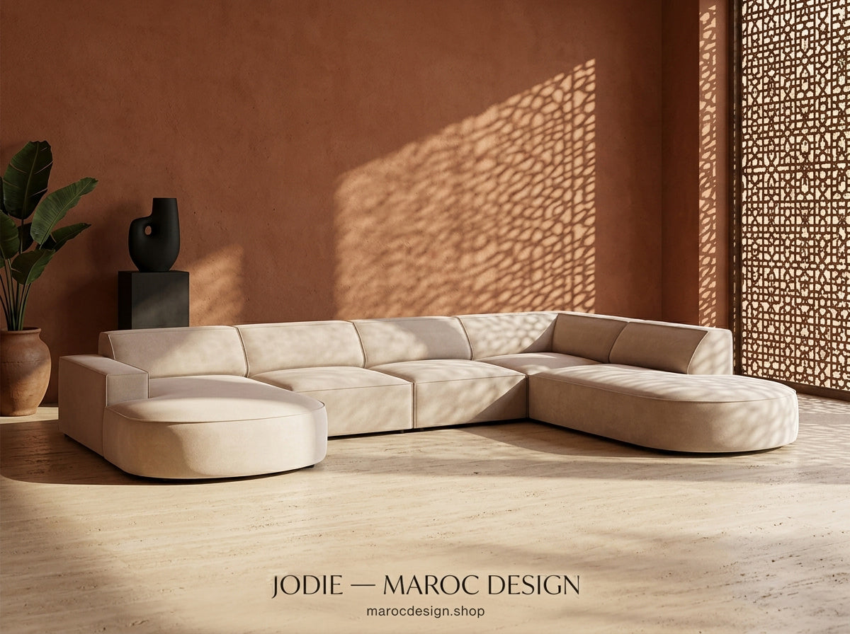 Canapé JODIE Couleur Beige Modulable Tissus velours et bouclette rasé HR 7 place le luxe pas cher 