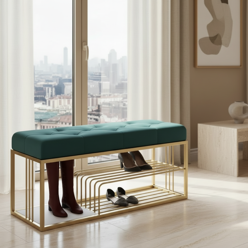 Banc KALIBRE velours rose avec étagère – entrée et chambre, Maroc Design Casablanca