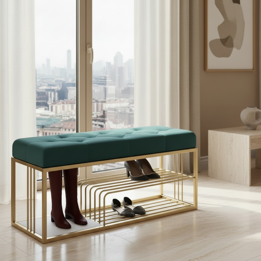 Banc KALIBRE velours rose avec étagère – entrée et chambre, Maroc Design Casablanca