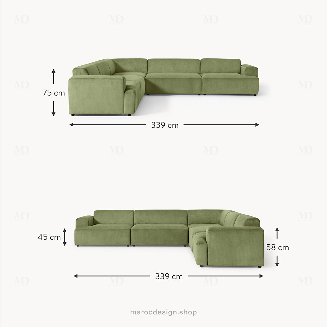 MELVANA -5- places XL / Vert Olive - canapé d'angle, modulaire, Salon, Séjour