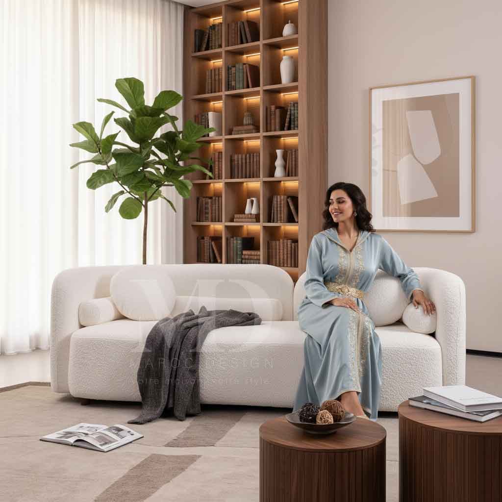 Canapé haut de gamme en tissu blanc dans un salon lumineux style marocain chic