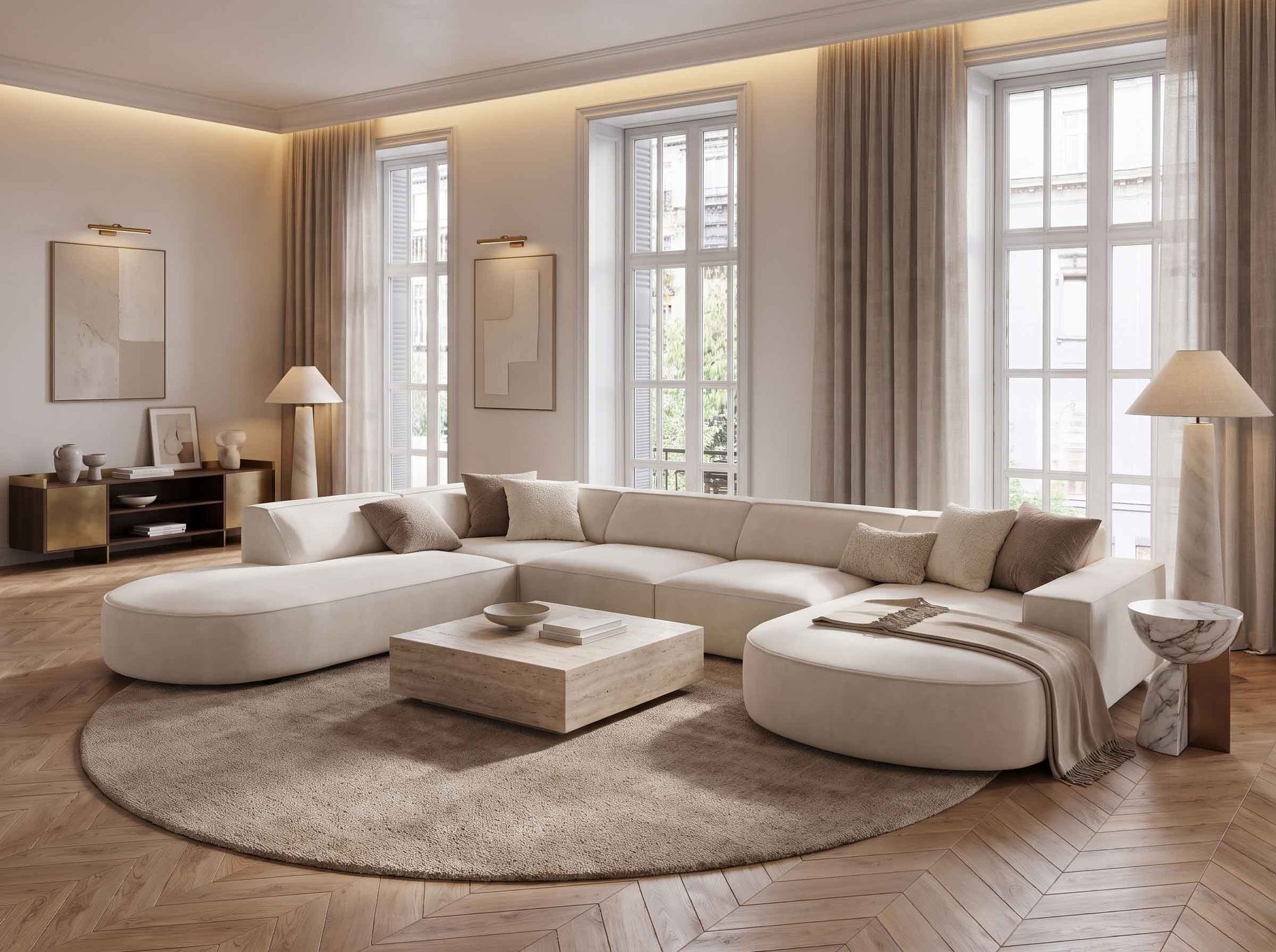 Canapé d’angle moderne beige dans un salon contemporain avec table basse design en bois et décoration minimaliste – Maroc Design