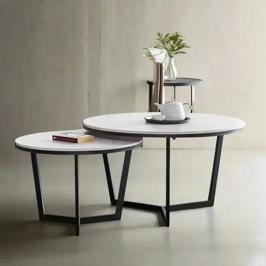 Tables basses gigognes TRANSITION effet marbre noir, pieds métal – Maroc Design Casablanca