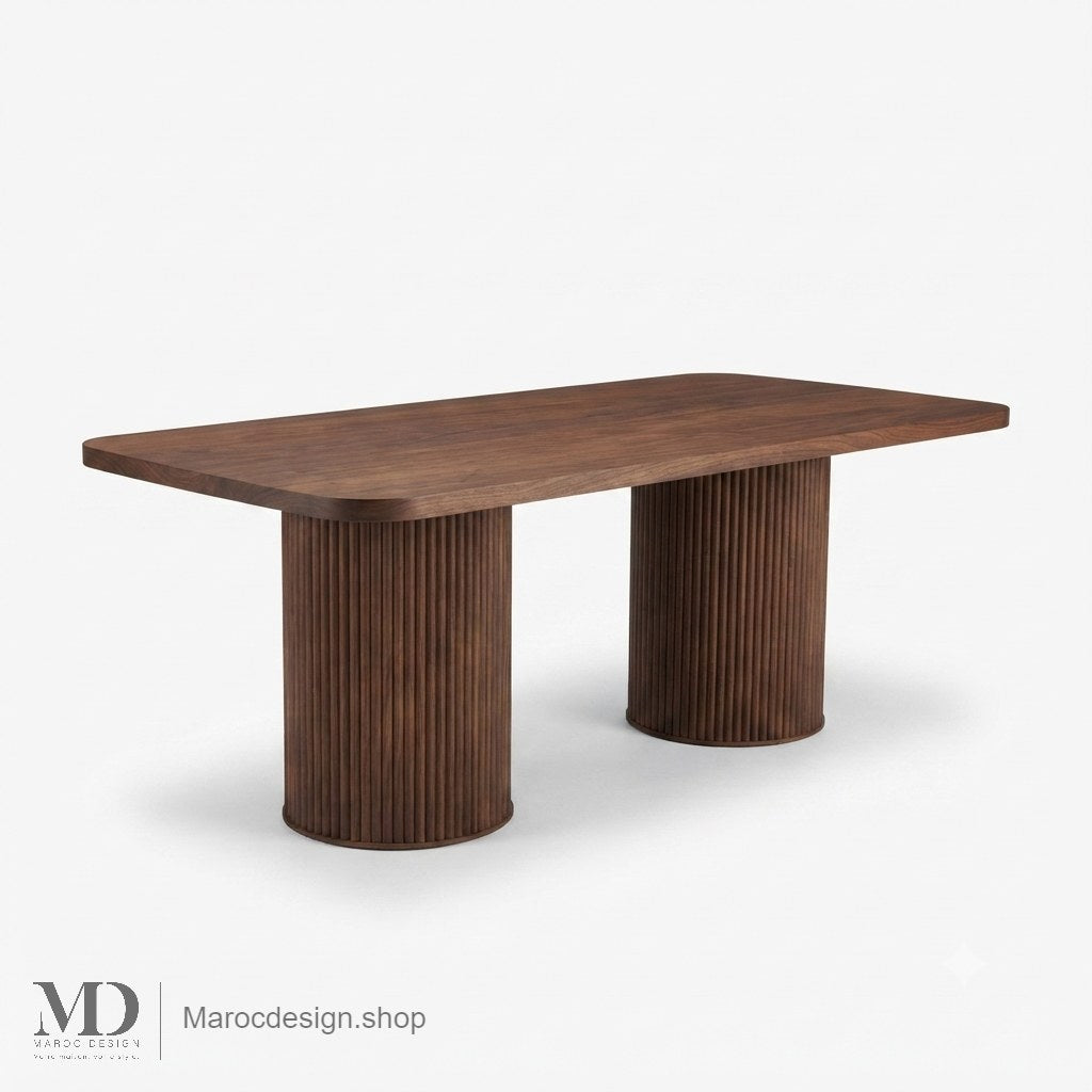 Table à manger rectangulaire ANDALOUSSIA en bois noyer, plateau aux coins arrondis et deux pieds colonnes cannelés – Maroc Design