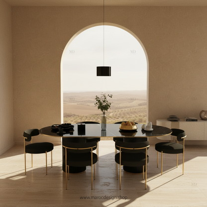 Table à manger DIABLO 6 places PRESTIGIA – détail du plateau et de la finition, Maroc Design Casablanca