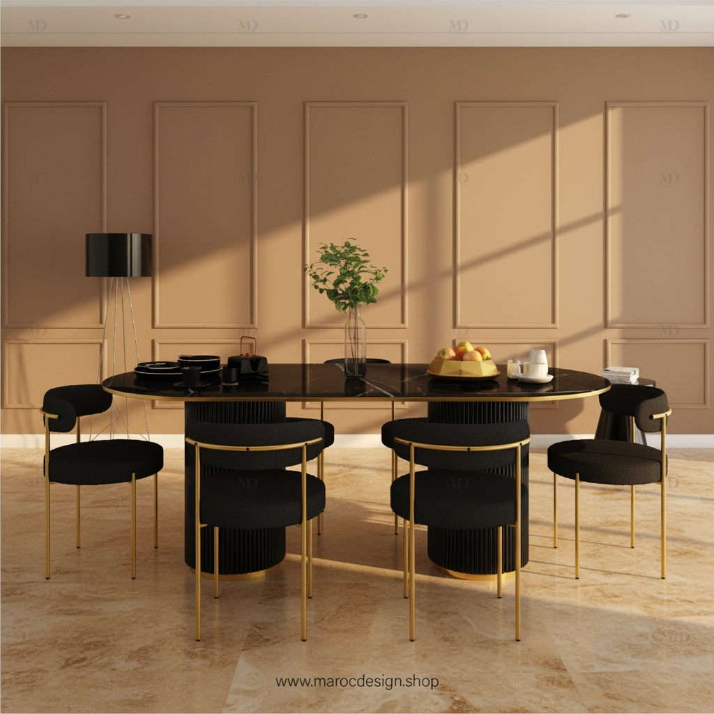Table à manger DIABLO 6 places PRESTIGIA – ensemble convivial dressé, Maroc Design Casablanca