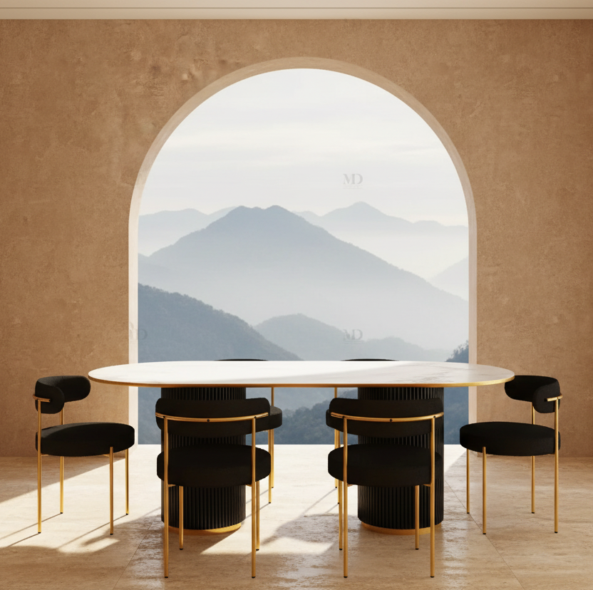 Table à manger LV 6 places PRESTIGIA – détail du plateau et de la finition, Maroc Design Casablanca