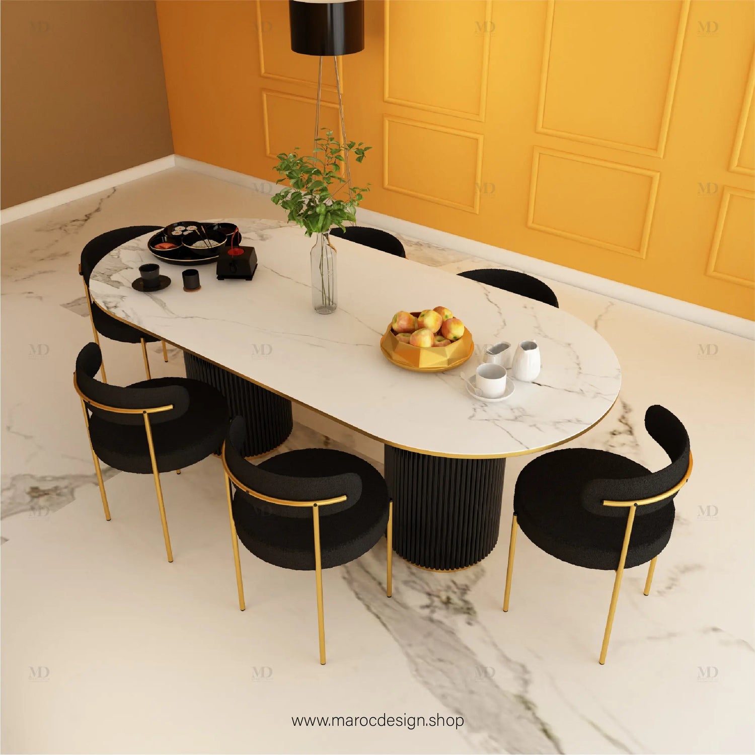 Table à Manger LV 6 Places / Élégance Moderne / Collection PRESTIGIA Maroc Design luxe spacieuse effet marbre et Bois Massif 