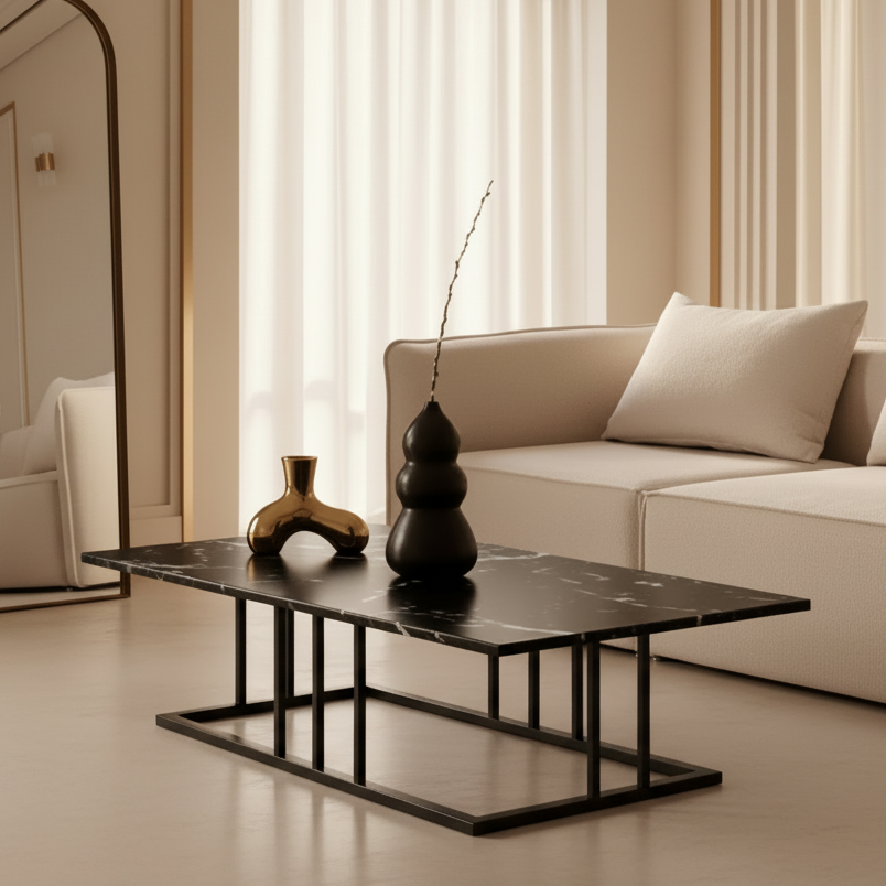Table basse VISTA effet marbre noir, pieds métal satiné – Maroc Design