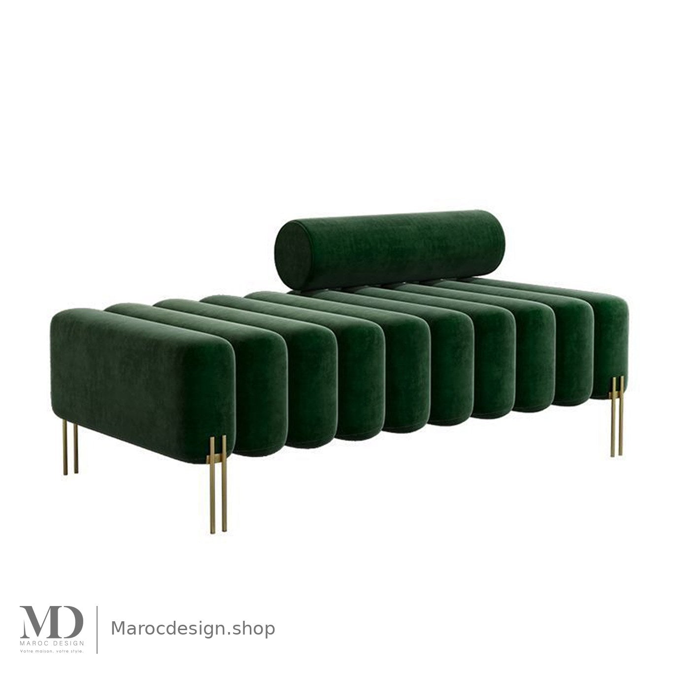 Banc Alma bouclé vert sapin avec traversin et pieds dorés – Maroc Design