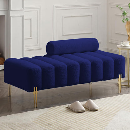 Banc Alma bouclé bleu marine avec traversin et pieds dorés – Maroc Design