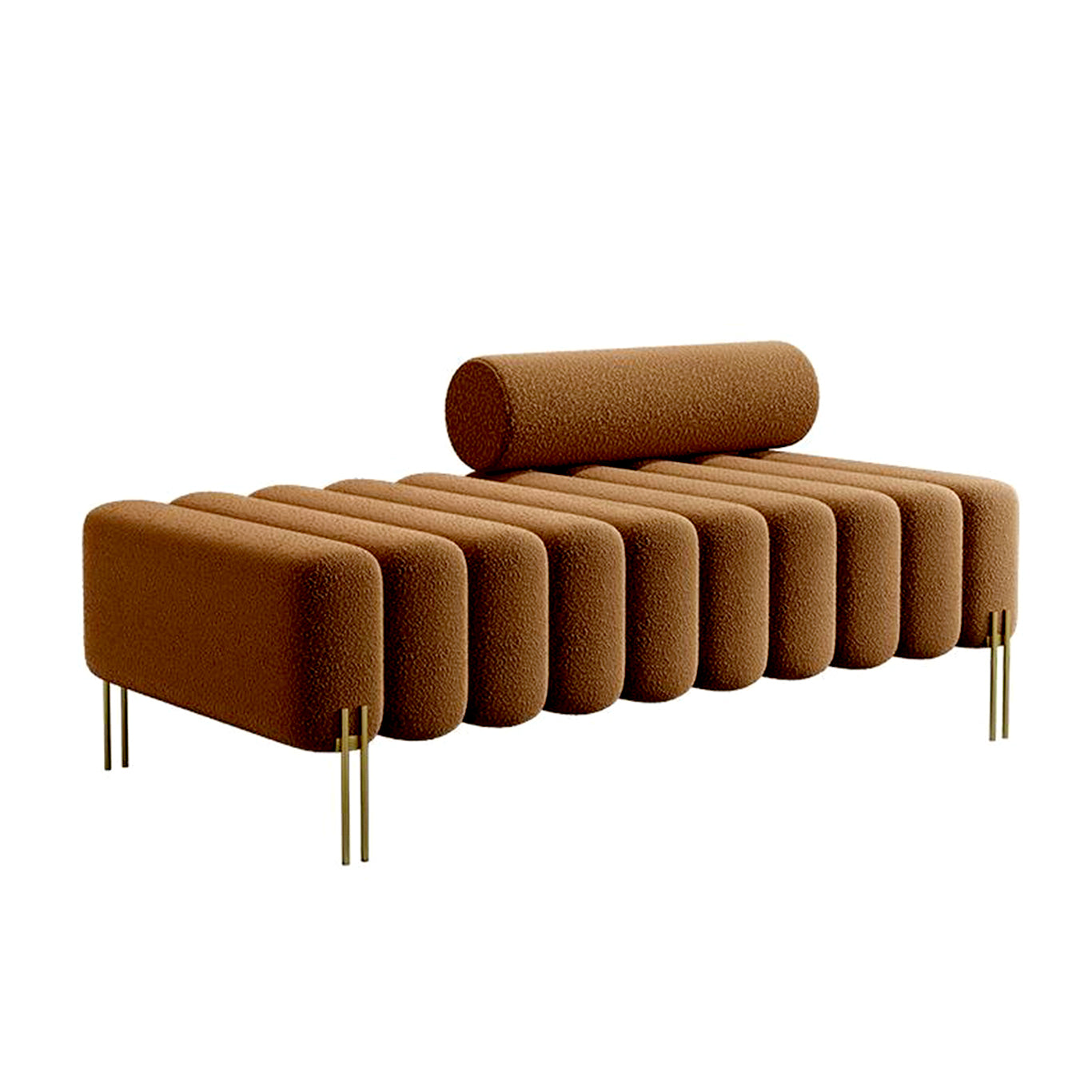 Banc Alma bouclé caramel avec traversin et pieds dorés – Maroc Design