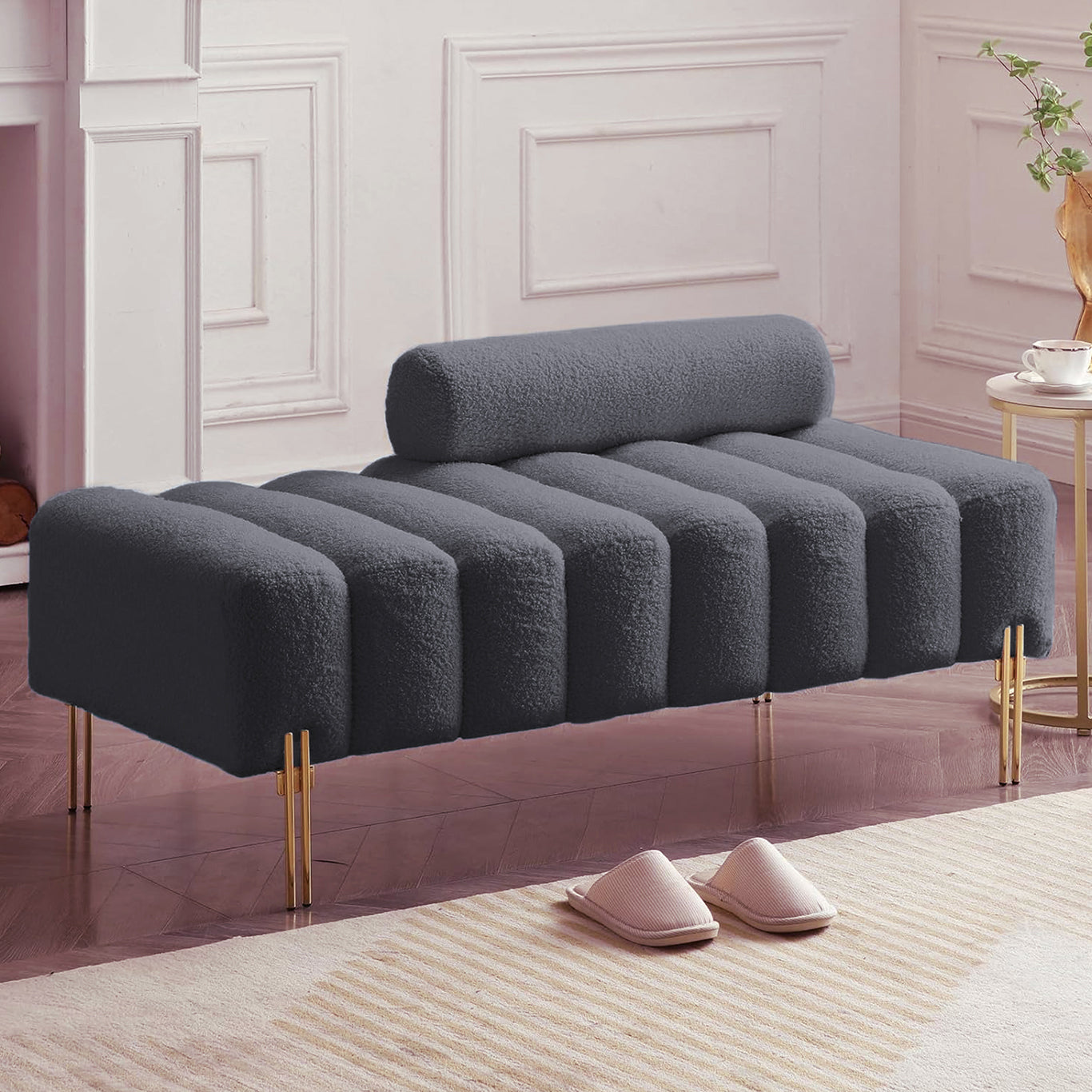 Banc Alma bouclé gris anthracite avec traversin et pieds dorés – Maroc Design