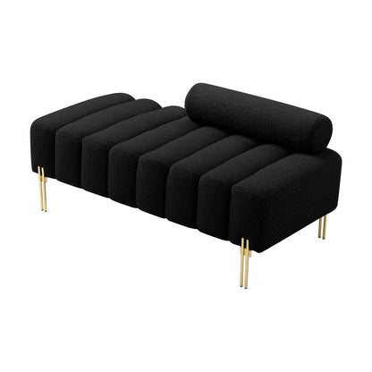 Banc Alma bouclé noir avec traversin et pieds dorés, vue studio – Maroc Design