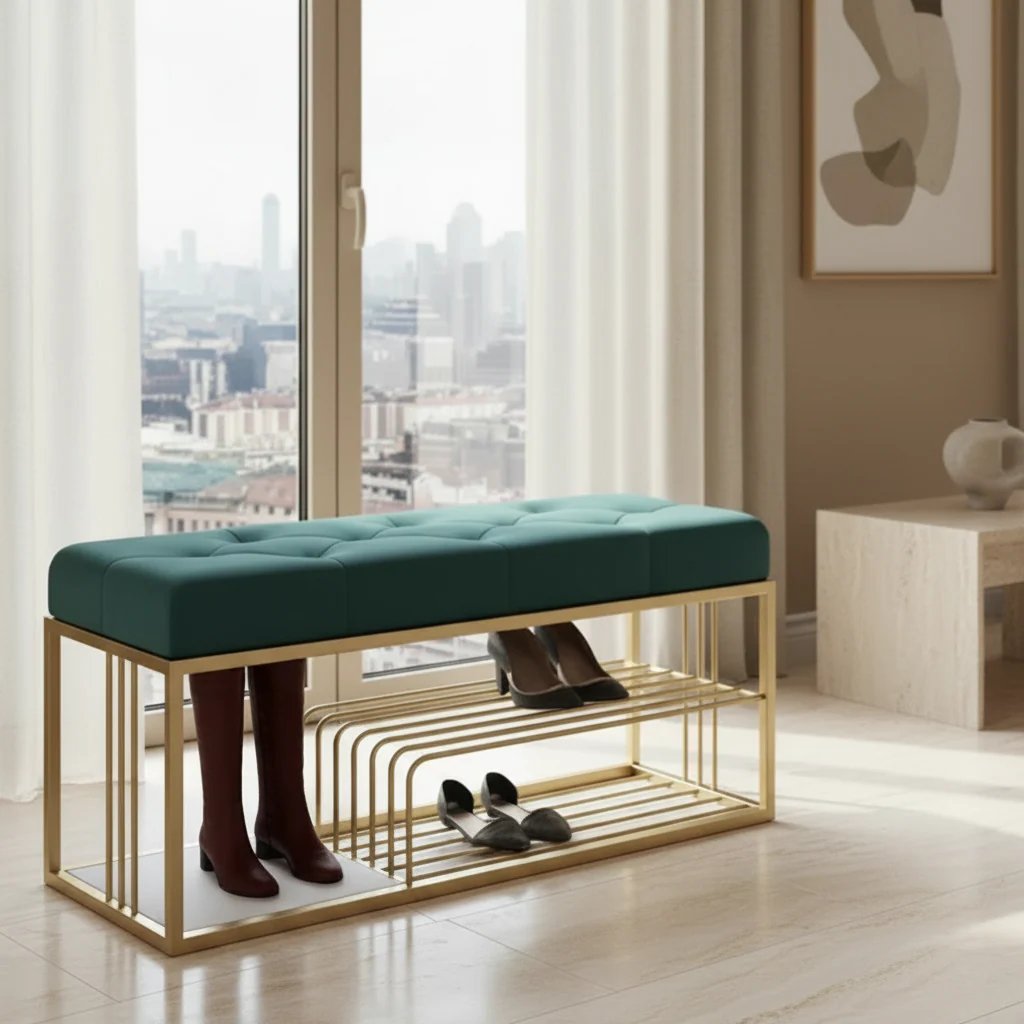 Banc d'entrée KALIBRE velours avec étagère — Maroc Design