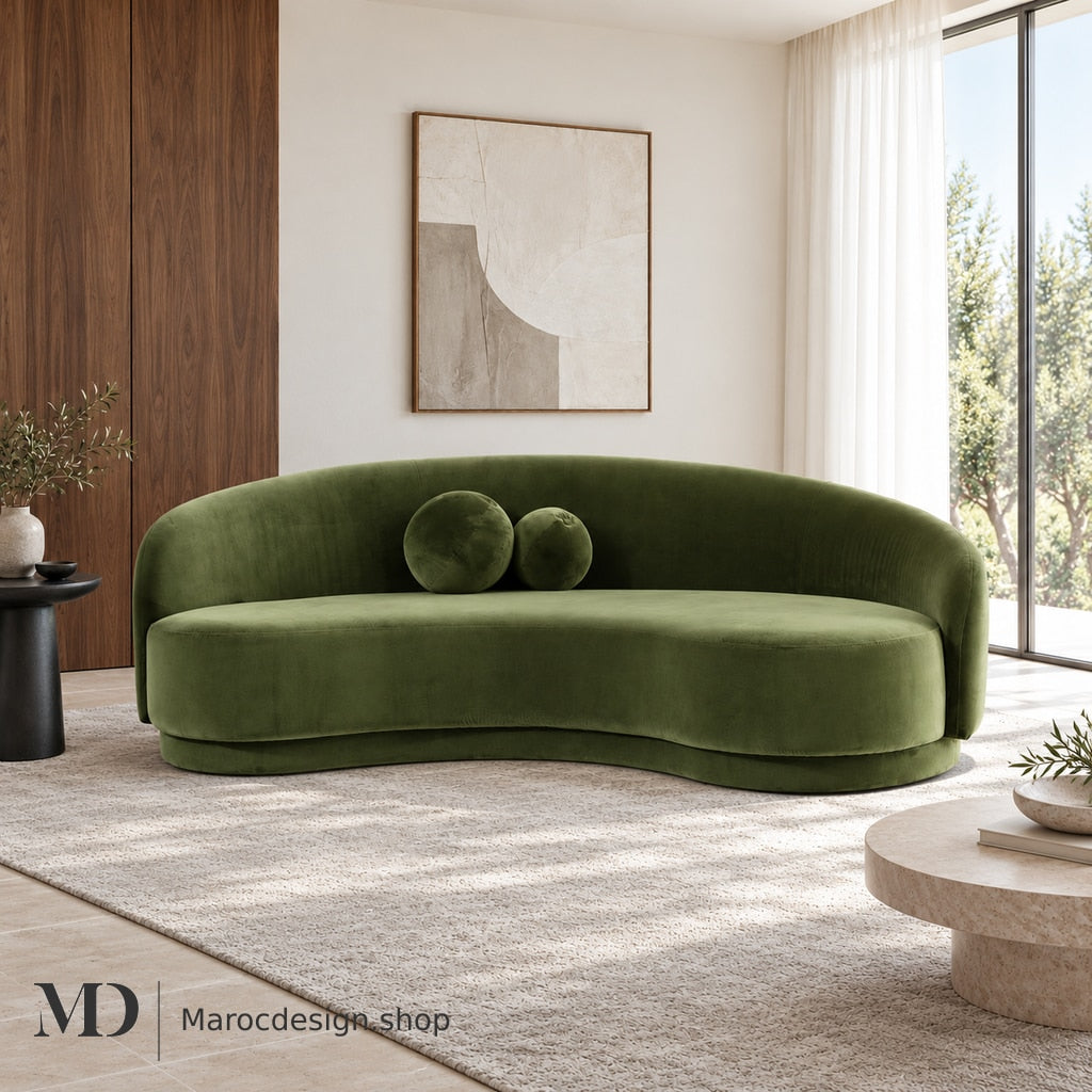 ALEXIS – Canapé 3 Places Velours Vert Design Moderne — mise en scène lumineuse, Maroc Design