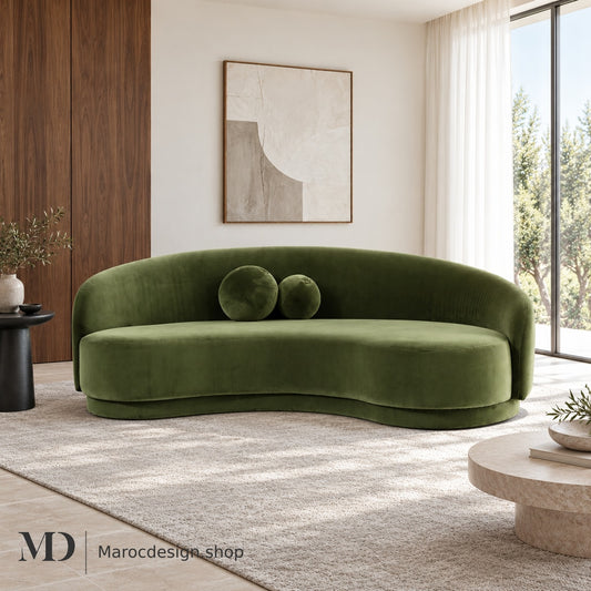 ALEXIS – Canapé 3 Places Velours Vert Design Moderne — mise en scène lumineuse, Maroc Design