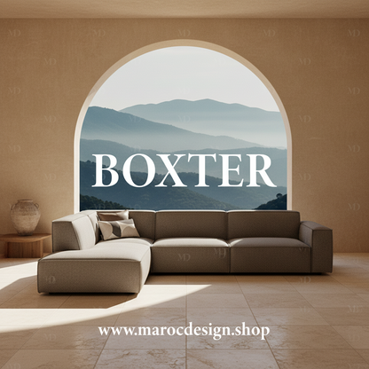 Canapé d'angle modulable BOXTER 7 places en bouclette gris anthracite, en situation dans un salon – Maroc Design