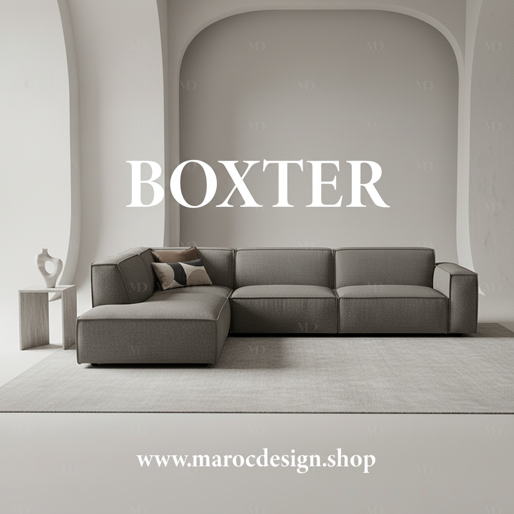 Canapé d'angle modulable BOXTER 7 places en bouclette gris anthracite, en situation dans un salon – Maroc Design