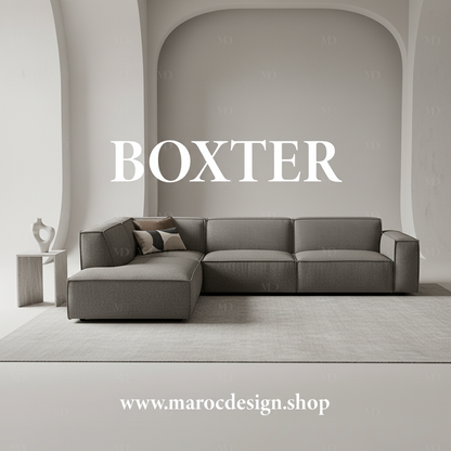 Canapé d'angle modulable BOXTER 7 places en bouclette gris anthracite, en situation dans un salon – Maroc Design