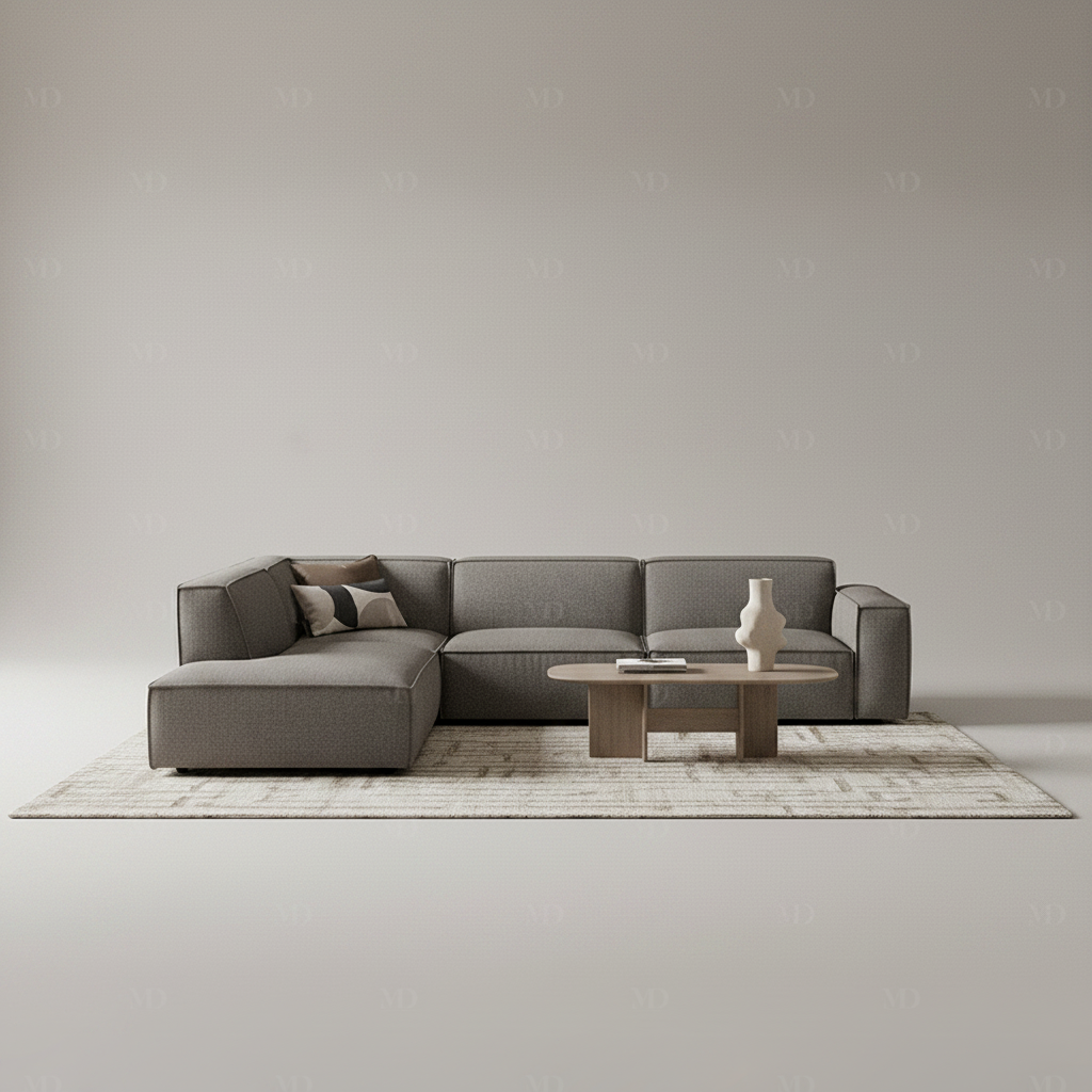 Canapé d'angle modulable BOXTER 7 places en bouclette gris anthracite, en situation dans un salon avec table basse – Maroc Design