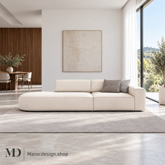 JODIE – Canapé 3 Places Modulaire Beige Clair Gauche & Droite — mise en scène lumineuse, Maroc Design