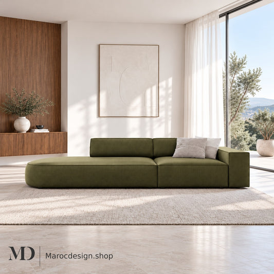 JODIE – Canapé 3 Places Modulaire Vert Gauche & Droite — mise en scène lumineuse, Maroc Design