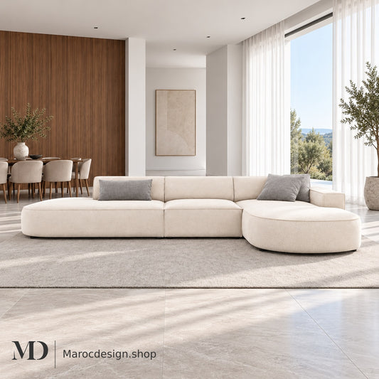 JODIE – Canapé 4 Places Modulaire Beige Clair Gauche & Droite — mise en scène lumineuse, Maroc Design