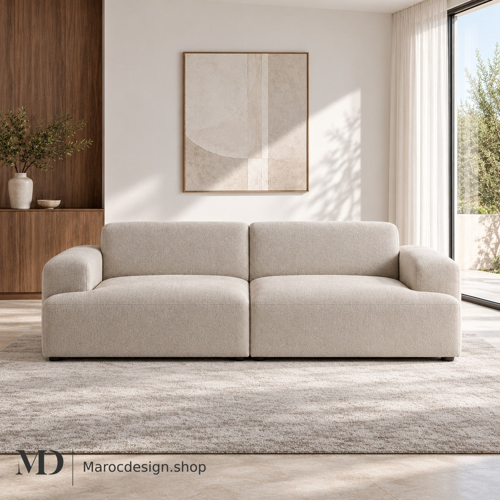 MELVANA – Canapé 2 Places Large Beige Naturel — mise en scène lumineuse, Maroc Design