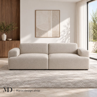 MELVANA – Canapé 2 Places Large Beige Naturel — mise en scène lumineuse, Maroc Design