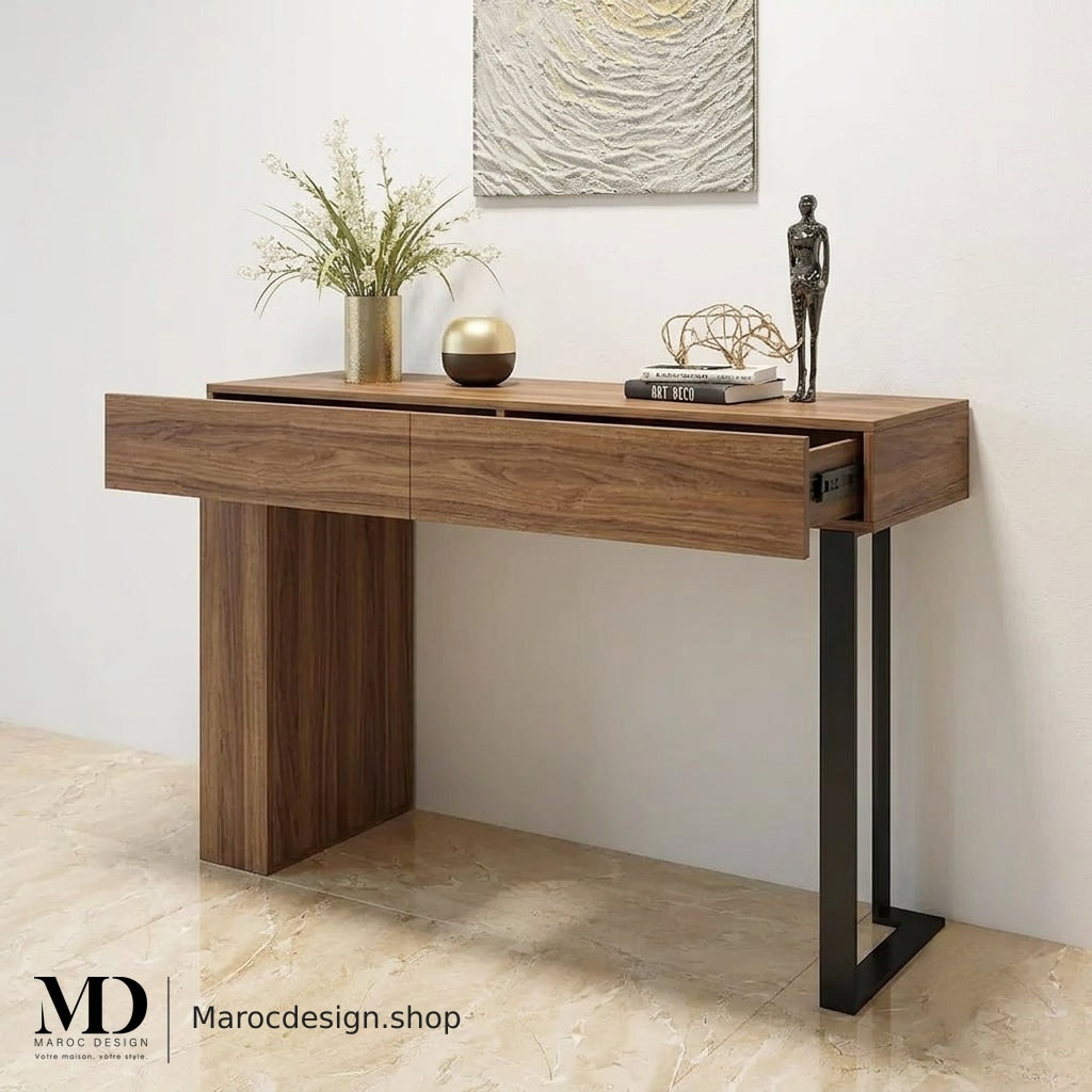 Console d’entrée CORDOBA en perspective, panneau latéral aspect noyer et piètement métallique noir mat