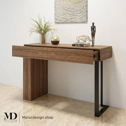 Console d’entrée CORDOBA en perspective, panneau latéral aspect noyer et piètement métallique noir mat