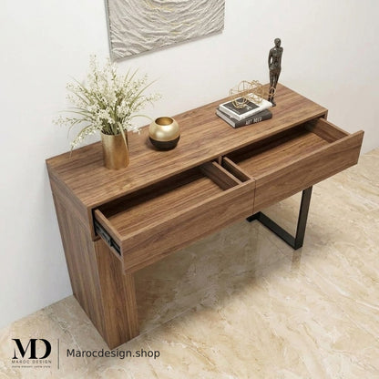 Console CORDOBA aspect noyer, détail des deux tiroirs ouverts et du piètement métallique noir mat