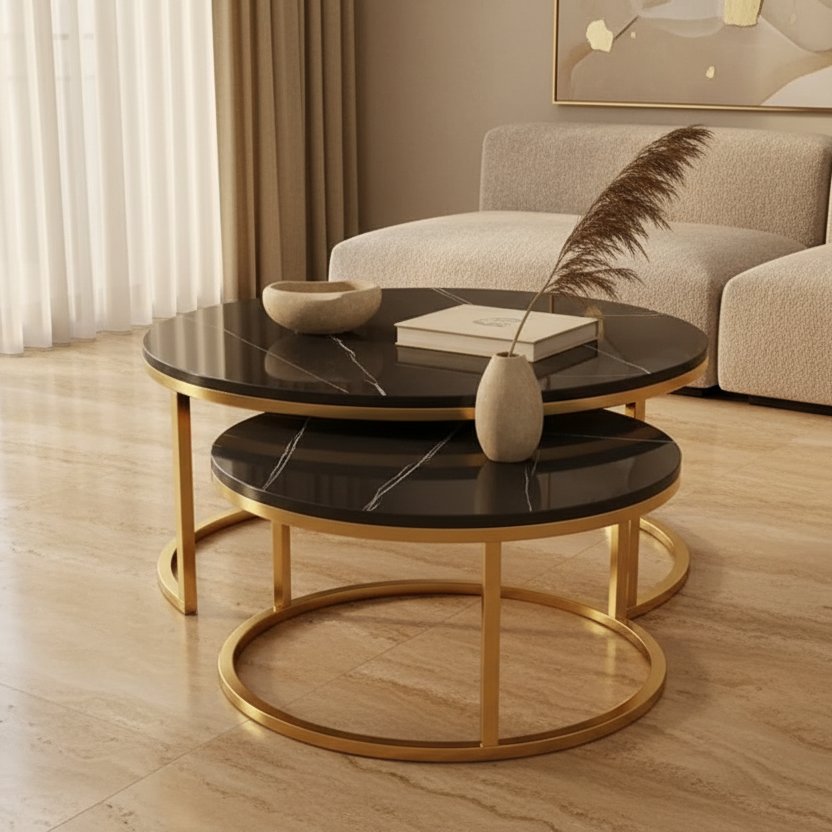 Duo de tables basses LUXURIA GOLD effet marbre et pieds dorés — Maroc Design