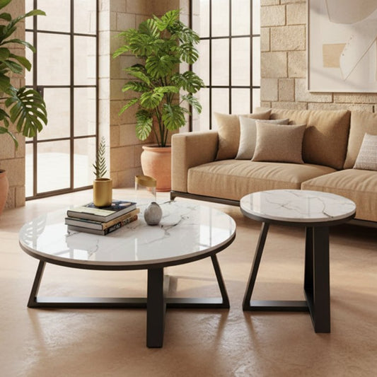 Duo de tables basses MARBLY effet marbre et métal — Maroc Design