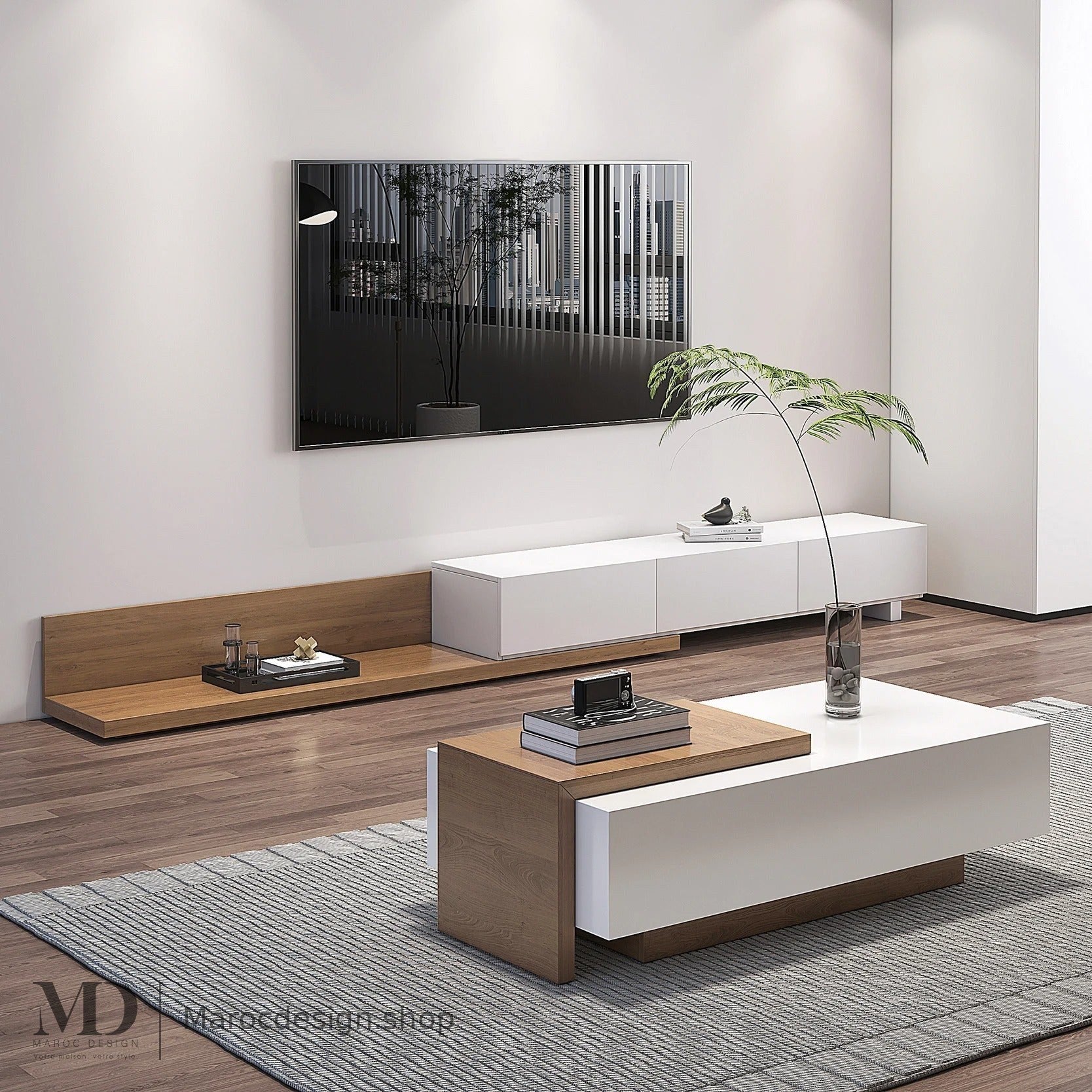 Meuble TV KAYLA blanc avec table basse ambiance salon – Maroc Design