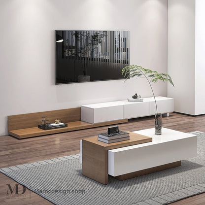 Meuble TV KAYLA blanc avec table basse ambiance salon – Maroc Design