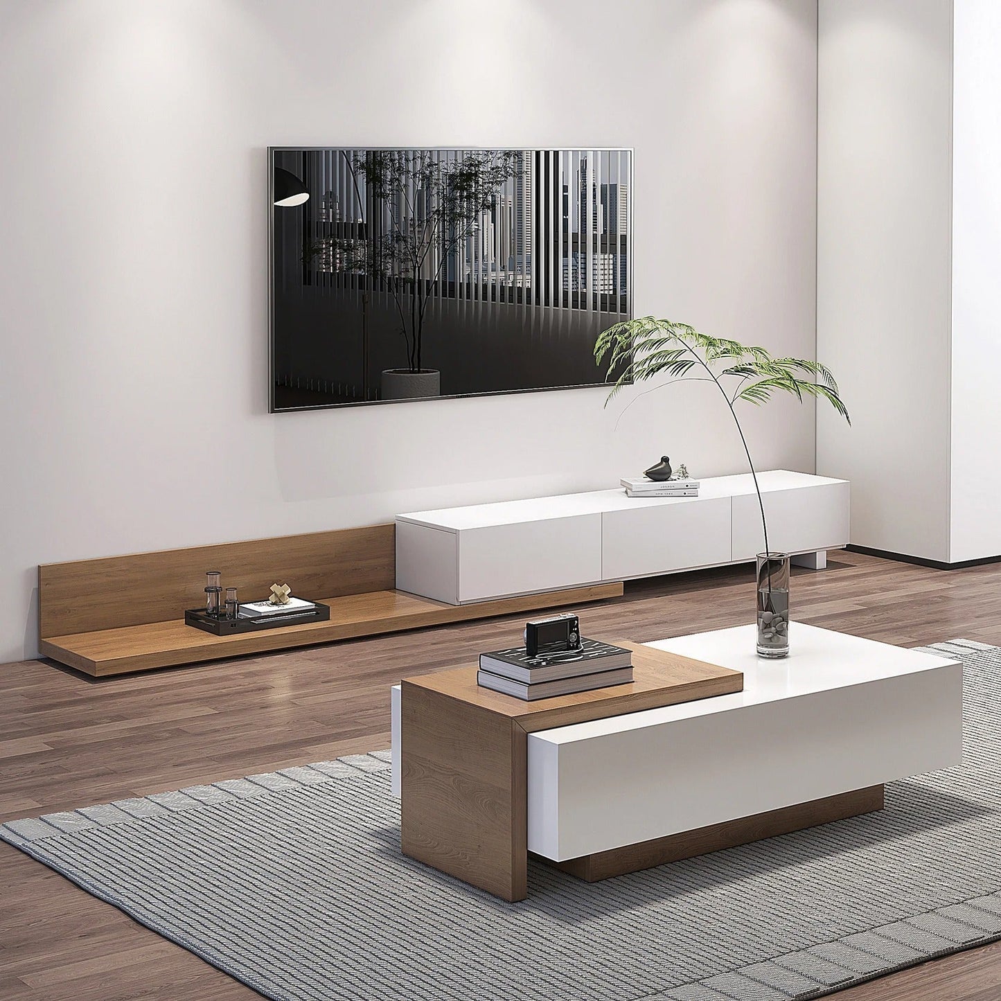 Meuble TV KAYLA blanc avec table basse ambiance salon – Maroc Design