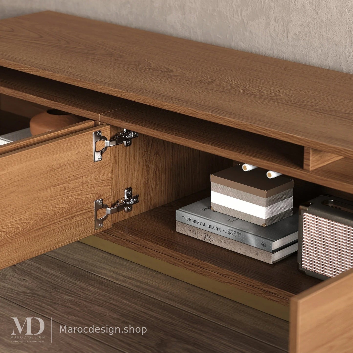 Meuble TV LINEA chêne rétractable – salon design, Maroc Design Casablanca