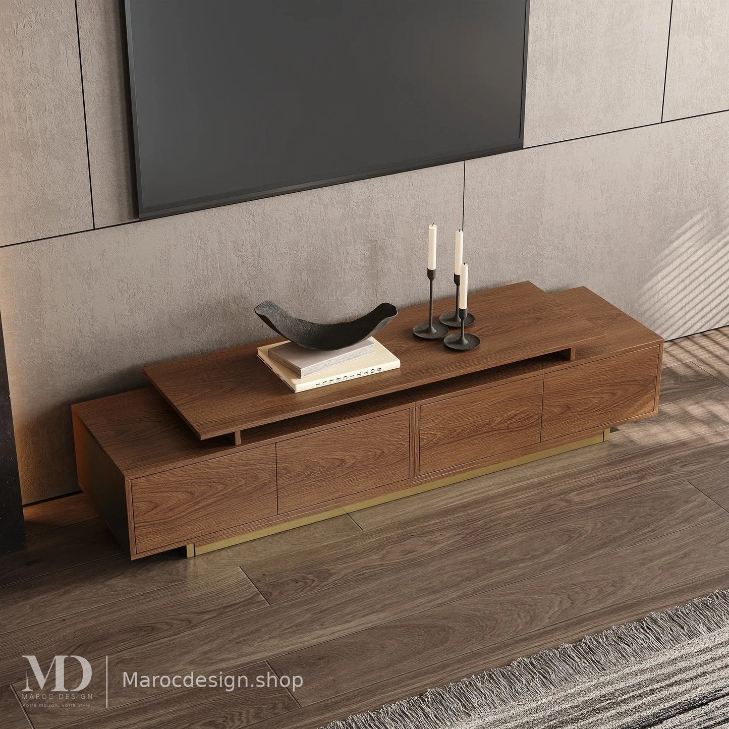 Meuble TV LINEA chêne, effet flottant et base dorée – Maroc Design