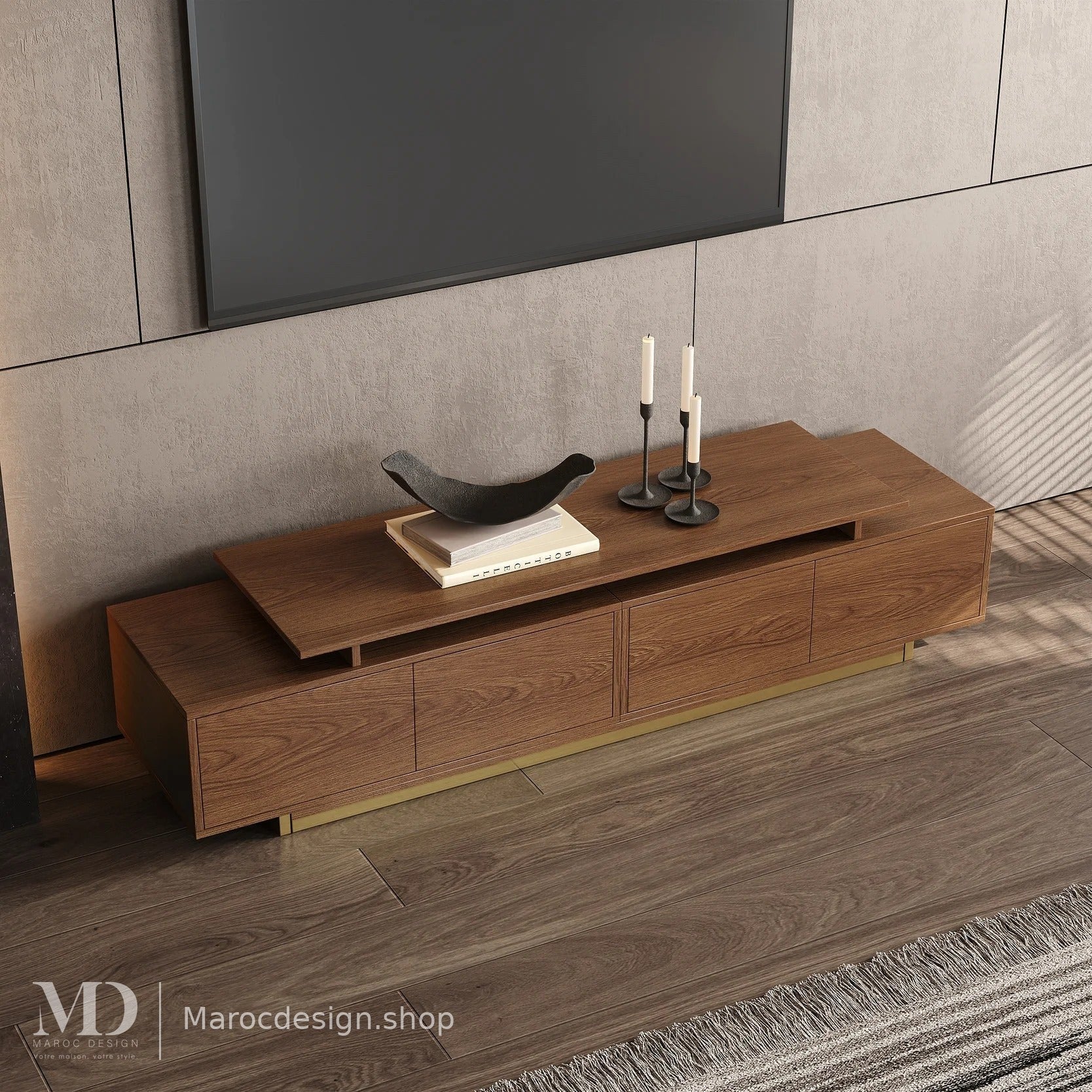 Meuble TV LINEA chêne, effet flottant et base dorée – Maroc Design
