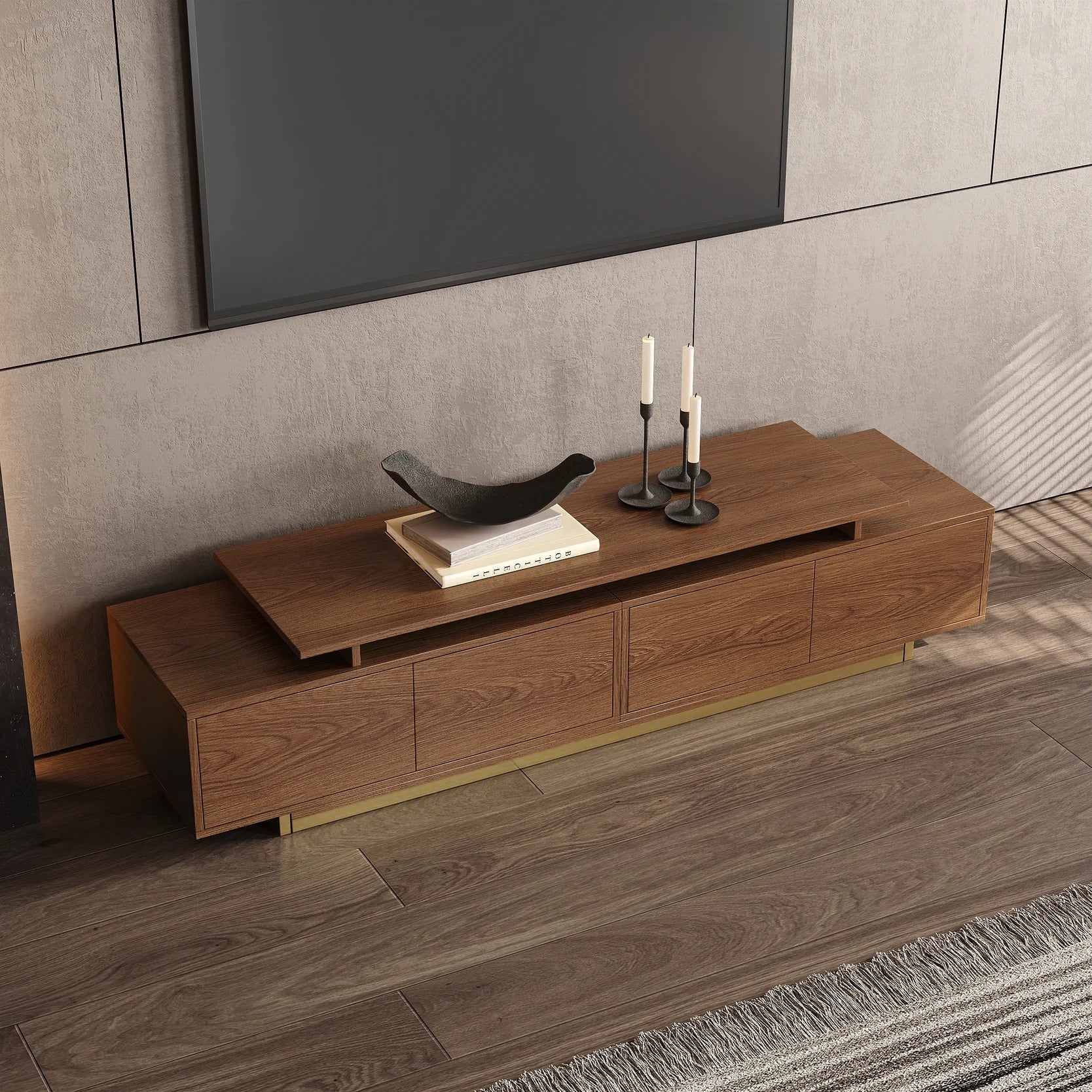 Meuble TV LINEA chêne, effet flottant et base dorée – Maroc Design