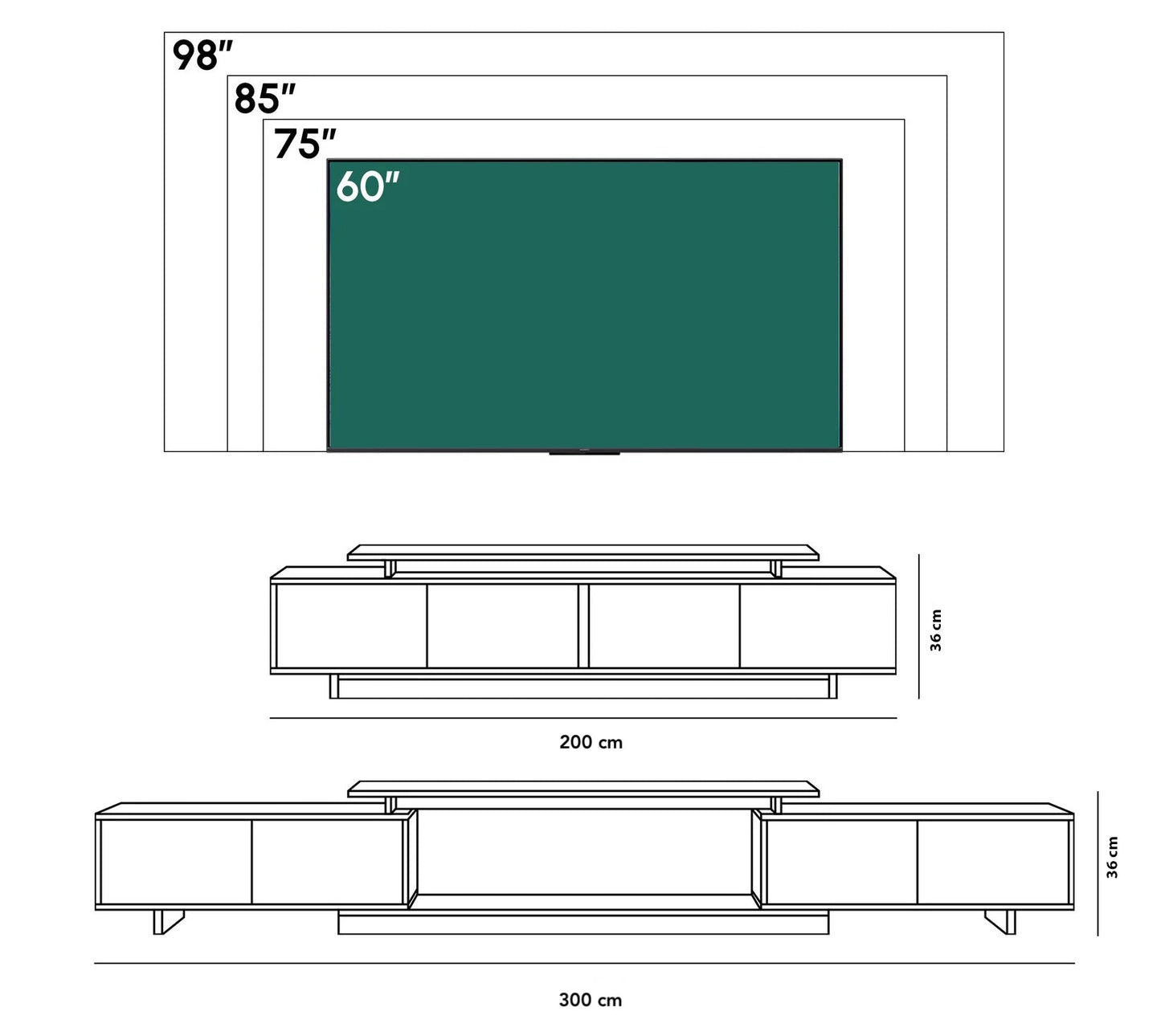 Plan des dimensions du meuble TV LINEA – 200 cm fermé à 300 cm étendu, hauteur 36 cm, TV jusqu'à 98 pouces, Maroc Design