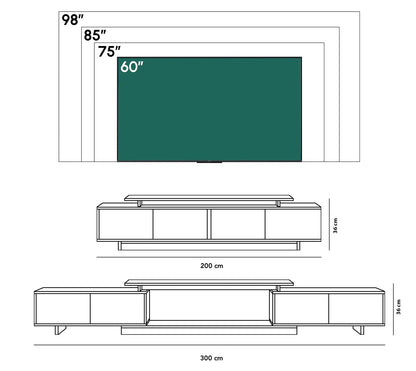 Plan des dimensions du meuble TV LINEA – 200 cm fermé à 300 cm étendu, hauteur 36 cm, TV jusqu'à 98 pouces, Maroc Design
