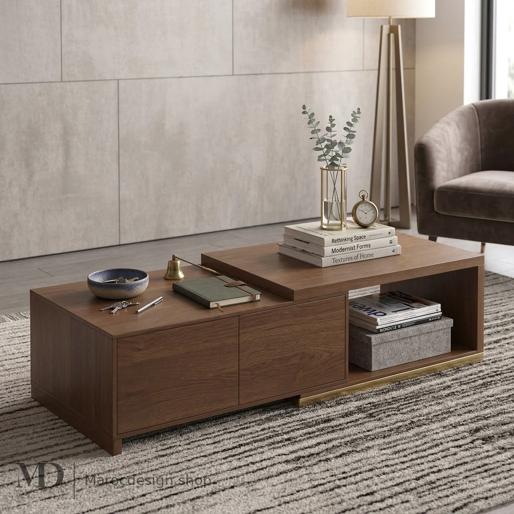 Table basse LINEA rétractable en noyer, plateau deux niveaux avec tiroirs et niche ouverte, mise en scène salon – Maroc Design Casablanca