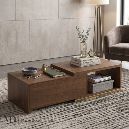 Table basse LINEA rétractable en noyer, plateau deux niveaux avec tiroirs et niche ouverte, mise en scène salon – Maroc Design Casablanca